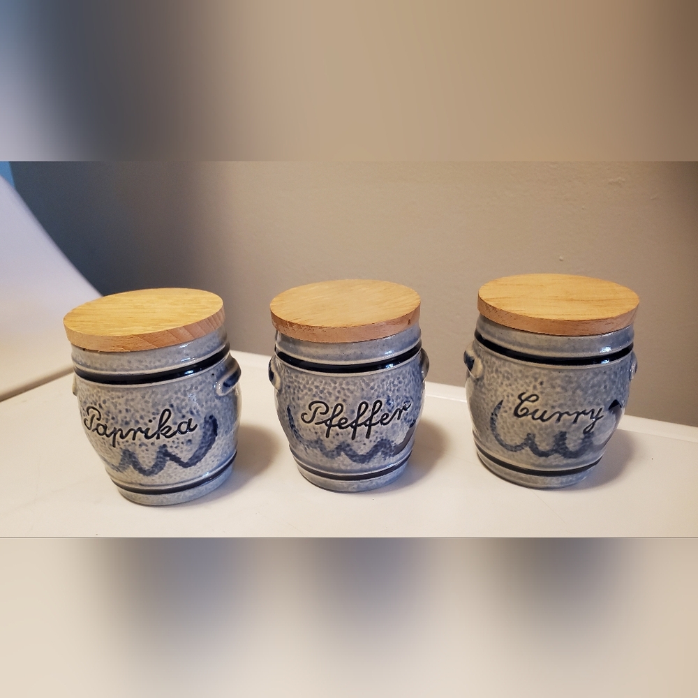 Marzi & Remy Germany Blue Salt Glace Spice Jars With Wooden Lids Vintage